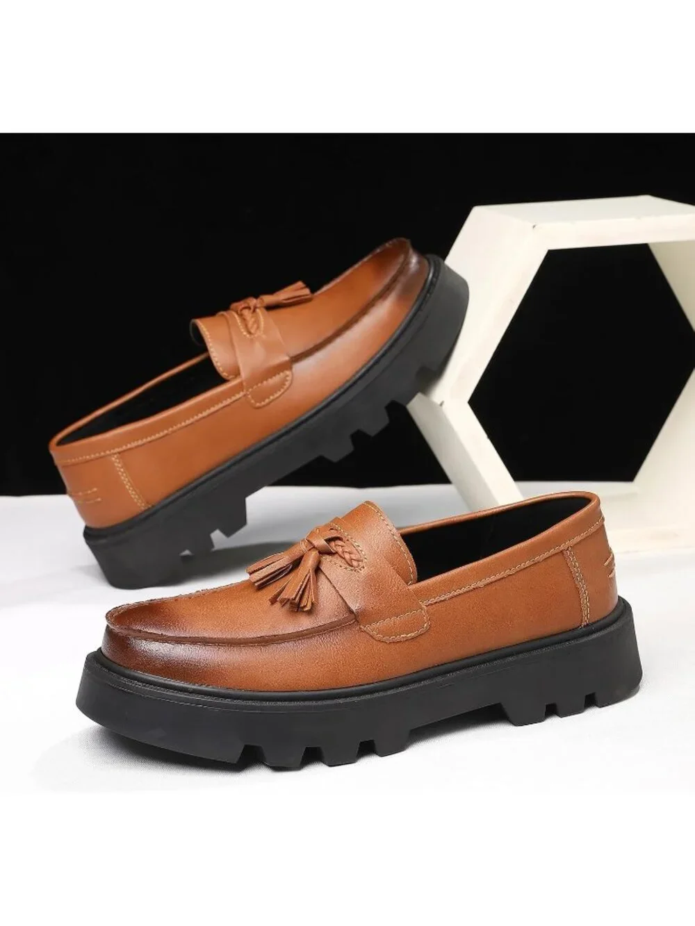 Men's Light Brown Patent Leather Loafers Chunky Heel Tassel Slip On Dress Shoes